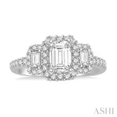 5/8 Ctw Diamond Ladies Engagement Ring with 1/4 Ct Emerald Cut Center Stone in 14K White Gold